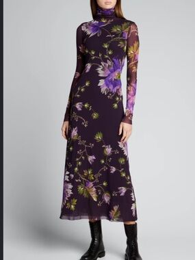 Fuzzi small black and plum Floral Long-Sleeve Turtleneck Midi Dress